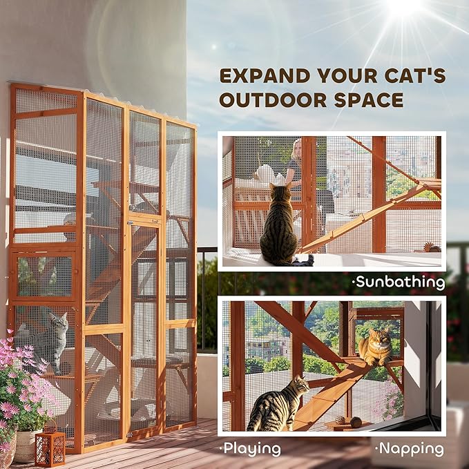 PawHut Outdoor Catio Cat Enclosure, Large Wooden Cat House with 6 Jumping Platforms, Scratching Post, 2 Ramps, Waterproof Roof, Cat Cage Window Access for 2-3 Kittens, 99" H, Orange