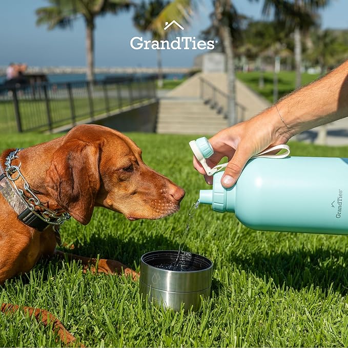 GrandTies Insulated Portable Dog Water Bottle with 2 Detachable Water Bowl Dispenser | Leak-Proof Dog Food Travel Container | Accessories for Dogs Walking, Hiking, Camping (64oz, Powder Green)