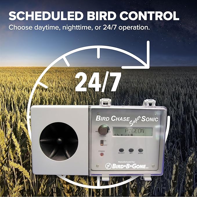 Bird B Gone - Bird Chase Super Sonic - Outdoor Sound Repellent - Scares Away Birds - Durable Weather Resistant Design - for Large Open Outside Spaces - Programmable Device - Up to 1 Acre Coverage