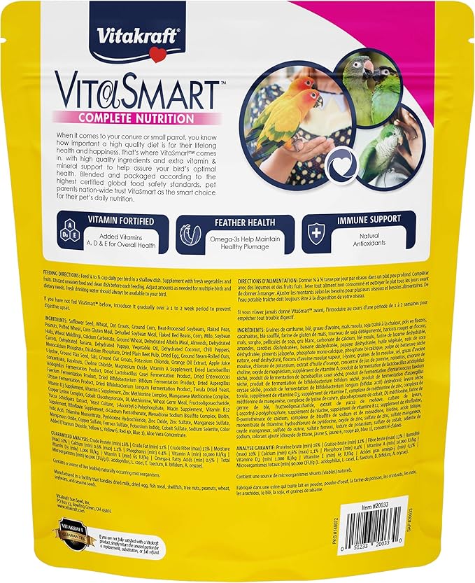 Vitakraft VitaSmart Conure Small Parrot Food 4 Pound Bag Premium Bird Food Mix with Real Vegetables Fruits Grains and Seeds Provides Wholesome Daily Nutrition and Variety for Conures & Small Parrots