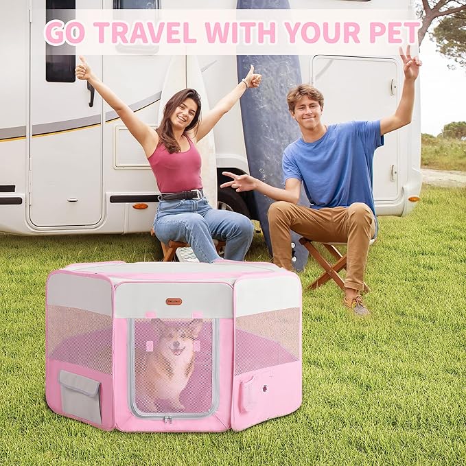 Dog Playpen, Portable Pet Playpen, Puppy Playpen, Cat Playpen with Carrying Case, Dog Playpen for Small Dogs Indoor/Outdoor, Removable Mesh Shade Cover, Pink XL