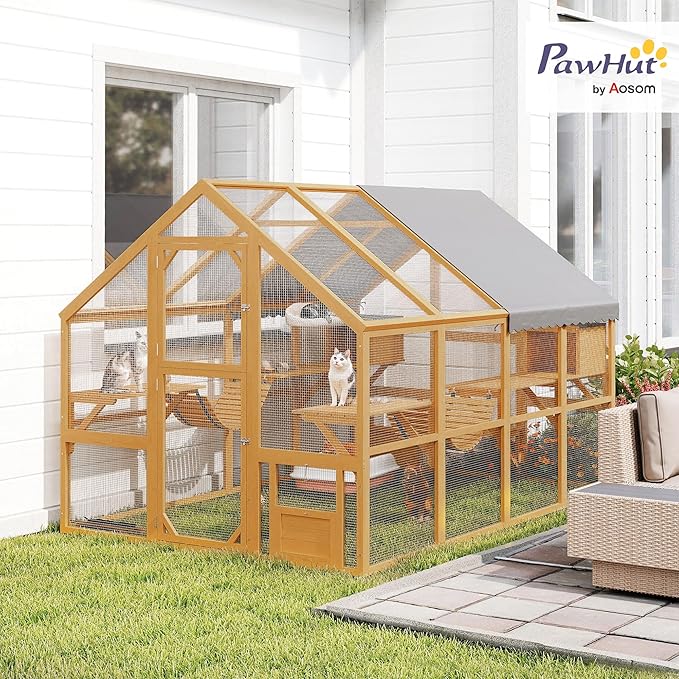 PawHut 110" L Large Catio Outdoor Cat Enclosure for Multiple Kittens, 56 sq.ft Wooden Cat House with Waterproof Cover, Walk in Kitty Cage Kennel with 2 Condos, 6 Platforms, Bridge, Doors, Yellow