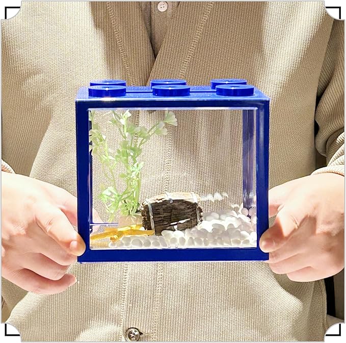 Small Betta Fish Tank, Stackable Mini Fish Tank Tiny Aquarium Tank Kit with Aquarium Gravel & Resin Decorations, 0.6 Gallon Cube Desktop Fishbowl for Snails, Crabs, Starfish (Blue)