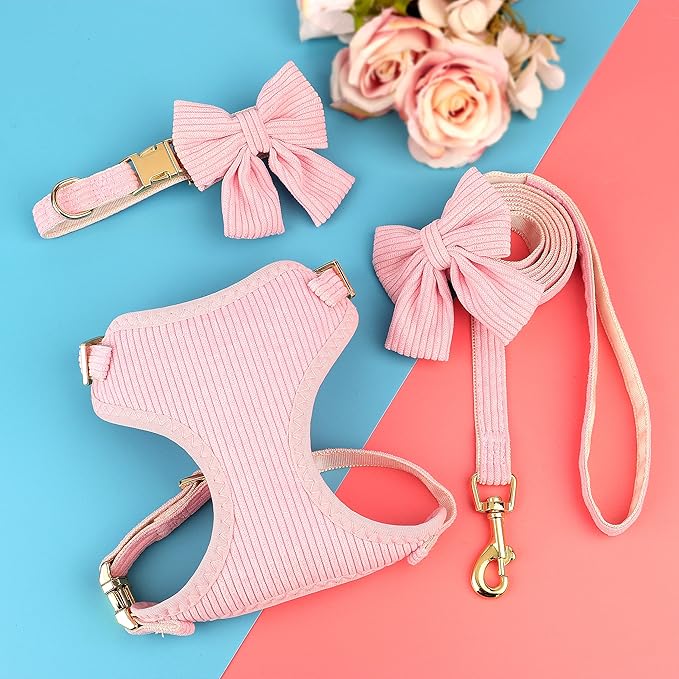 Didog Cute Small Dog Harness Collar and Leash Set with Bowtie, Breathable Soft Mesh Padded Puppy Harness, Pink Dog Harness for Parties, Holiday Gatherings & Gifts, Pink, M