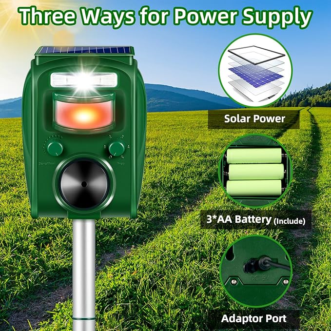 2026 Upgraded Solar Ultrasonic Animal Repellent Outdoor,Cat Squirrel Rabbit Dog Raccoon Rodent Deterrent Deer Repellent Devices,Waterproof Repeller with Motion Detection Flash Light for Yard,2 Pack