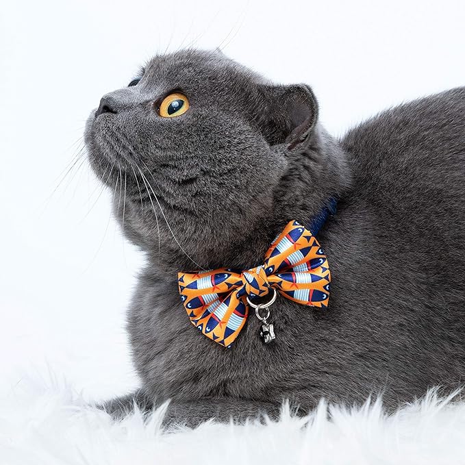 Blueberry Pet Timeless Navy Blue Cat Collar with Bells, Chic Fish Print, Handmade Bow Tie, Christmas Cat Collar, Adjustable 9"-13", Eco-Friendly, PRECIOSA Crystal, Gift for Cat Lovers