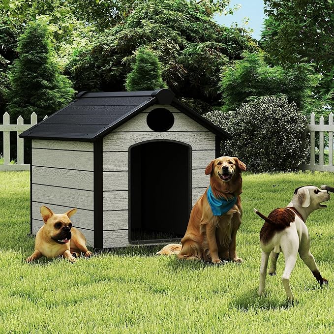 EHHLY 46" Large Dog House Outdoor Weatherproof, 3XL Big Dog House for Large Dog Outside, Insulated Igloo Pet House with Elevated Floor, Extra Durable Resin Plastic, 46Lx40Wx40H, Cemented Grey