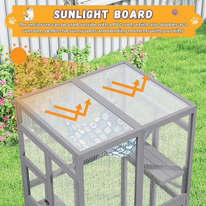 COZIWOW Upgraded Catio Outdoor Cat Enclosure Window Access, Wooden Cat House Shelter, Kitty Cage with Platforms & Hammock Patio Indoor (Gray)