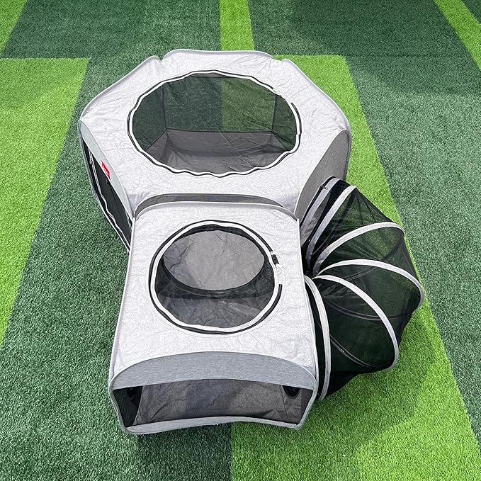 Portable Dog Playpen 2-Room with Tunnel, 3-in-1 Large Cat Crate Play Enclosure with Separate Areas, Foldable Pet Playpen for Puppy Kitten and Small Animals Indoor Outdoor