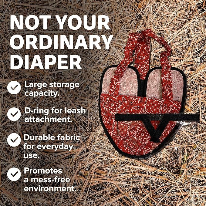 Hen Holster Wrap-Around Bird Diaper & Harness for Hens, Roosters, Ducks - with Removable Vinyl Liner, Adjustable Fit for Outdoor Adventures & Indoor Use - Easy to wear - Large, Red Bandana