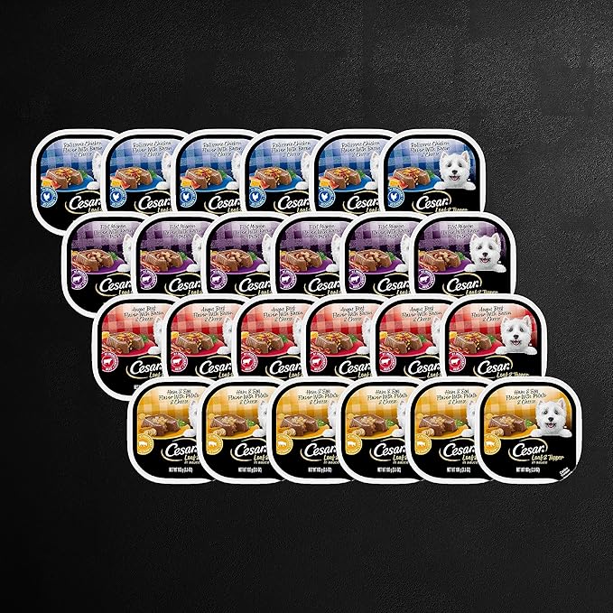 Cesar Loaf in Sauce Wet Dog Food Rotisserie Chicken, Filet Mignon, Angus Beef, and Ham & Egg Flavors Variety Pack, 3.5 oz. Easy Peel Trays (24 Count, Pack of 1)