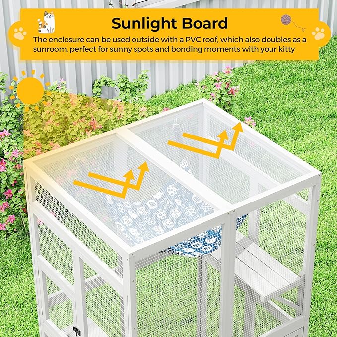 Catio Outdoor Cat Enclosure - Premium Wooden Cat Catio with Window Access & Breathable Mesh, Weatherproof Kitty House for Patio/Backyard/Indoor (White)