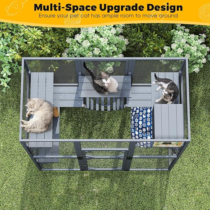 COZIWOW 72Inches Large Wood Catio Outdoor Cat Enclosure with Waterproof Roof, Multi-Level Cat House for 2-3 Cats, Spacious Perches, Hammock, and Scratching Post（Grey Fashion Pattern）
