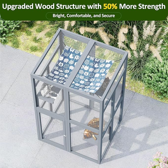 64 Inch Catio Outdoor Cat Enclosure, Large Cat House for Outdoor Cats with Updated Framework Structure, Outside Cat Patio Cattery Weatherproof for Multiple Cats, Grey