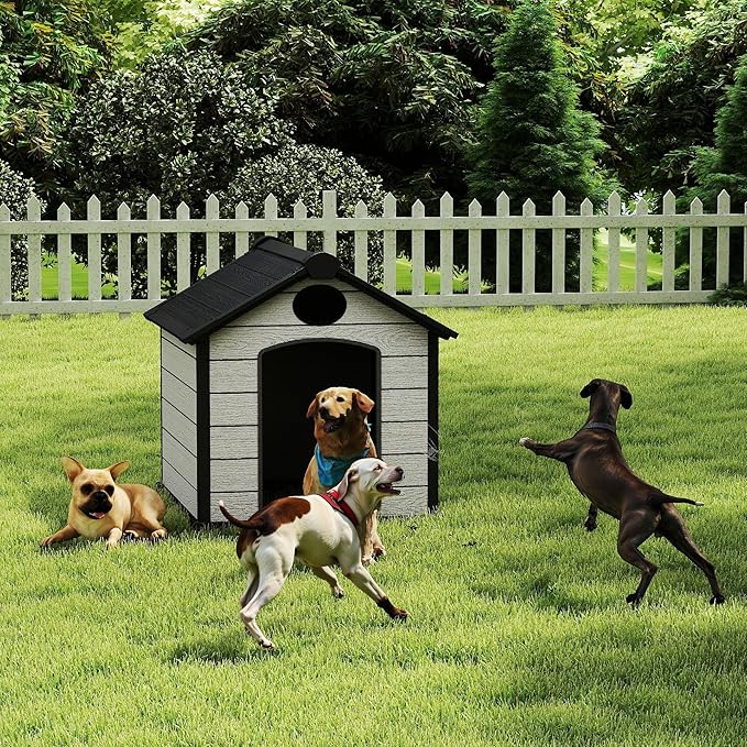 EHHLY 46" Large Dog House Outdoor Weatherproof, 3XL Big Dog House for Large Dog Outside, Insulated Igloo Pet House with Elevated Floor, Extra Durable Resin Plastic, 46Lx40Wx40H, Cemented Grey