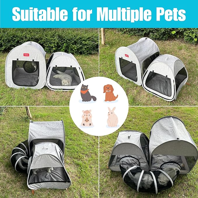 Portable Cat Playpen 2-Room with Tunnel, 3-in-1 Pop-up Cat Dog Crate Play Enclosure with Separate Areas, Foldable Pet Playpen for Puppy Kitten and Small Animals Indoor Outdoor