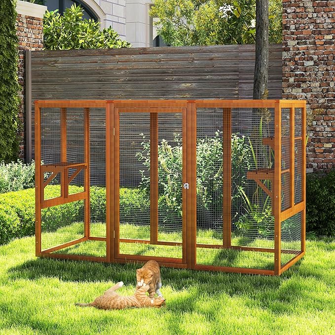 Catio Outdoor Cat Enclosure, 71" Large Weatherproof Catios with Cedar Wood Frame for cat Patio, Heavy Duty Outdoor Cat Condo & Cage, Indoor cattio for Cats (Orange-Red, Large)