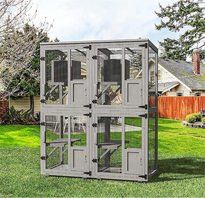 2 in 1 Catio Outdoor Cat Enclosure, 4 Tier Outdoor Cats House with 4 Wheels, Cat Enclosure Window Access with Removable Floor, Upgraded Resting Box, Waterproof Roof, Indoor Pet Cage, Grey