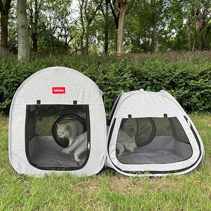Portable Cat Playpen 2-Room with Tunnel, 3-in-1 Pop-up Cat Dog Crate Play Enclosure with Separate Areas, Foldable Pet Playpen for Puppy Kitten and Small Animals Indoor Outdoor