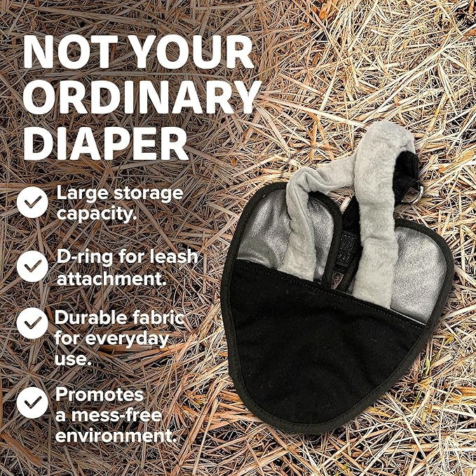 Bird Diaper, Wrap Around, for Larger Pigeons, Small Breed Hens and Roosters, Leak-Proof Design, Comfortable Fleece Strap Bird Harness with Sewn-in Liner & Secure Hook and Loop Closure - XS, Black