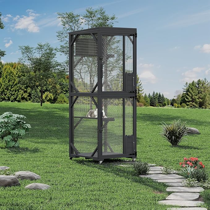 Outdoor Cats House with 4 Wheels, Walk-in Cat Cage, Catio Outdoor Enclosure Extra Large