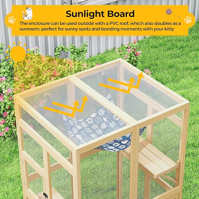 COZIWOW Catio Outdoor Cat Enclosure Window Access, Wooden Cat House Shelter, Kitty Cage with Hammock for Patio Indoor (Wood)