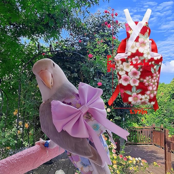 2 Pcs Bird Diapers Bird Harness Flight Suits Diapers with 80in Flying Leash Reusable Parrot Nappy with Waterproof Inner Layer for Cockatiel Budgie Conure Parakeet Lovebird-Red&Purple Sakura