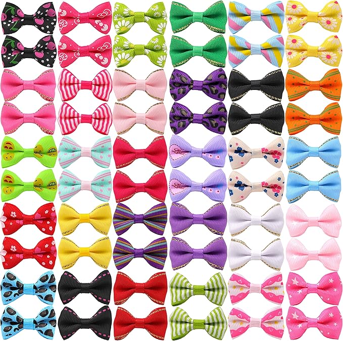 YAKA 60PCS (30 Paris) Cute Puppy Dog Small Bowknot Hair Bows with Metal Clips Handmade Hair Accessories Bow Pet Grooming Products (60 Pcs,Cute Patterns)