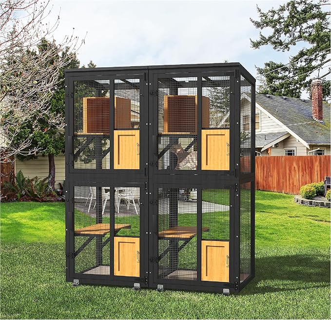 2 in 1 Catio Outdoor Cat Enclosure, 4 Tier Outdoor Cats House with 4 Wheels, Cat Enclosure Window Access with Removable Floor, Upgraded Resting Box, Waterproof Roof, Indoor Pet Cage, Black
