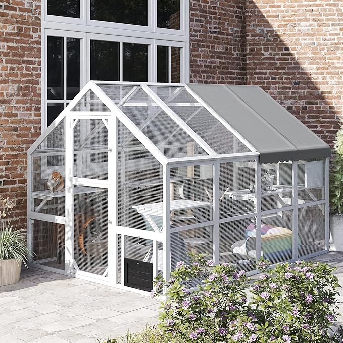 PawHut 110" L Large Catio Outdoor Cat Enclosure for Multiple Kittens, 56 sq.ft Wooden Cat House with Waterproof Cover, Walk in Kitty Cage Kennel with 2 Condos, 6 Platforms, Bridge, Doors, White